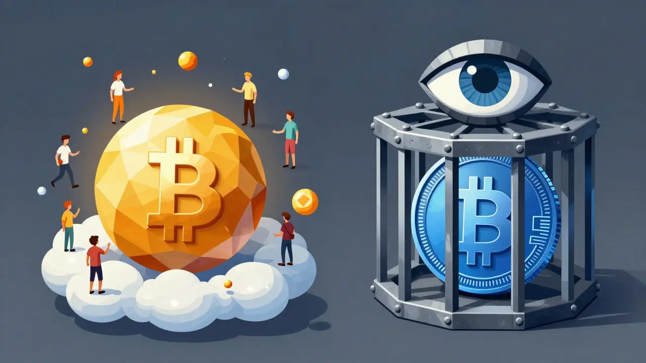 Conceptual geometric art comparing decentralized cryptocurrency with a government-controlled digital currency.