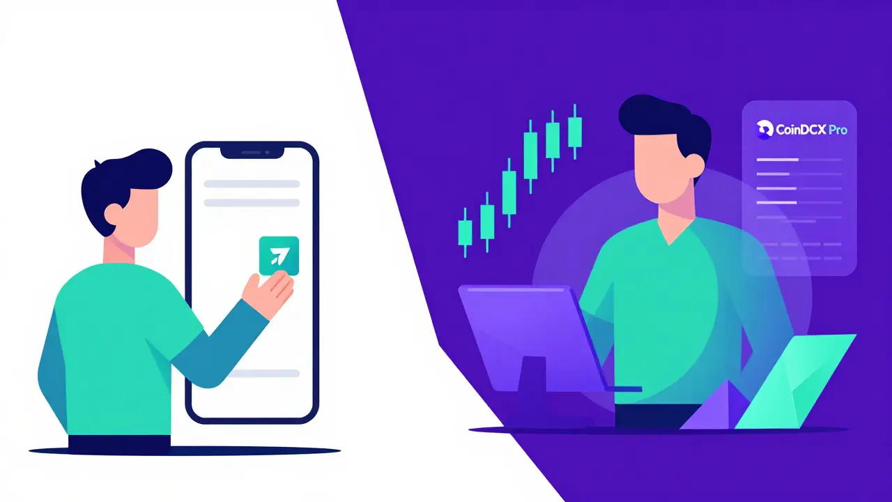 Geometric art showing a beginner and a pro trader with simplified digital interfaces.