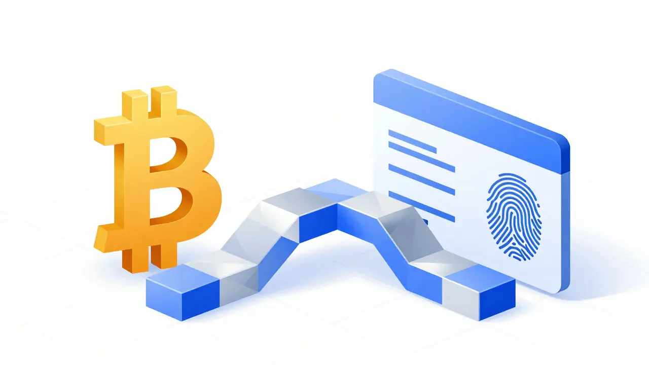 Geometric art showing a bridge connecting a crypto coin to a digital ID and fingerprint