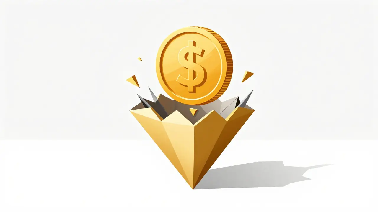 Geometric art showing a gold coin being sliced by a funnel to represent hidden fees.