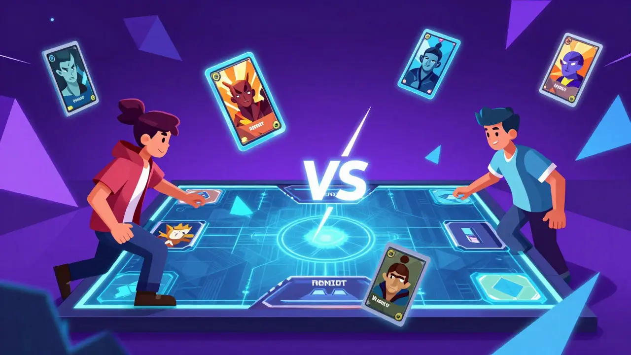 Geometric cartoon of a digital card game battle with holographic cards and neon lighting.