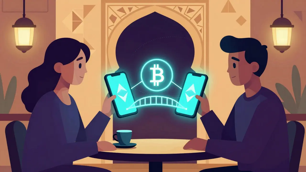 Geometric cartoon of two people performing a P2P cryptocurrency transaction in a cafe