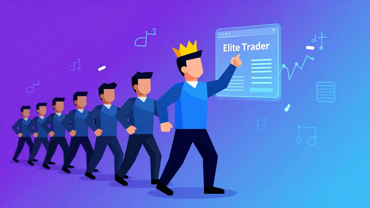 Geometric cartoon showing a lead trader and followers mimicking trades in a digital space.