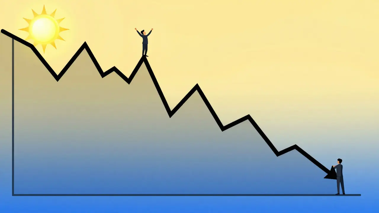 Geometric cartoon showing a sharp price spike and crash on a digital token graph.
