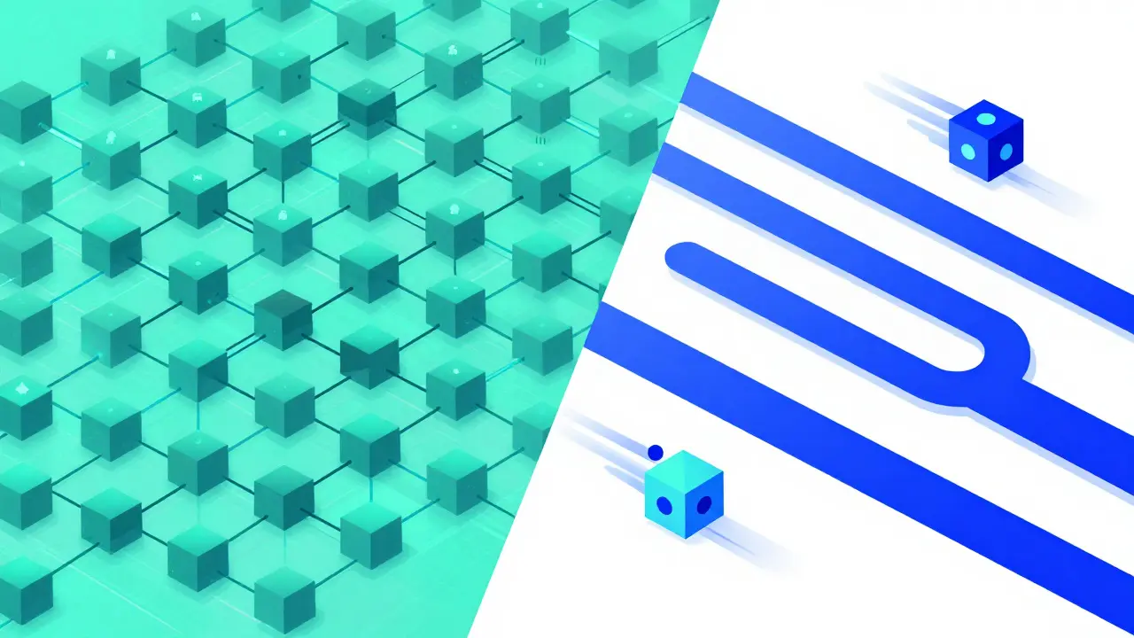 Geometric comparison between a complex mainnet network and streamlined Layer 2 blockchain paths.