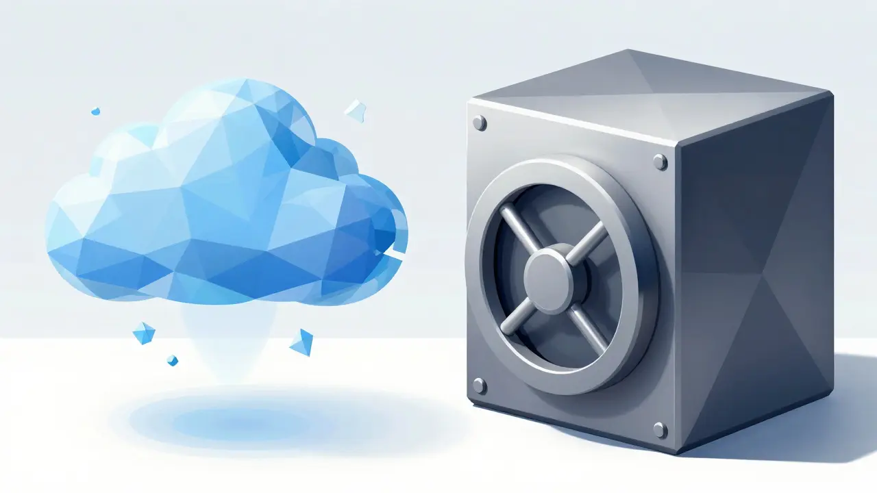 Geometric comparison between a fragile digital cloud and a solid metallic security vault.