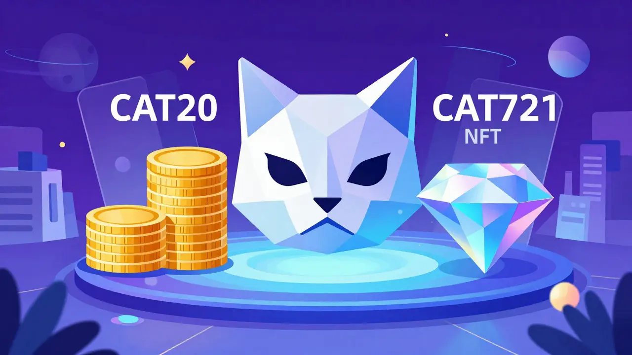 Geometric illustration of a cat head with coins and a diamond representing CAT20 and CAT721 tokens.