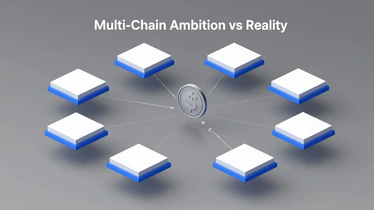 Geometric illustration of a coin connected to eight isolated floating platforms in a grey void