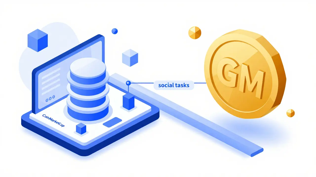 Geometric illustration of a digital bridge connecting a data hub to a floating GM gold token.