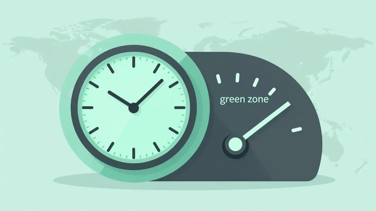 Geometric illustration of a digital clock and gas gauge showing low fees during off-peak hours.
