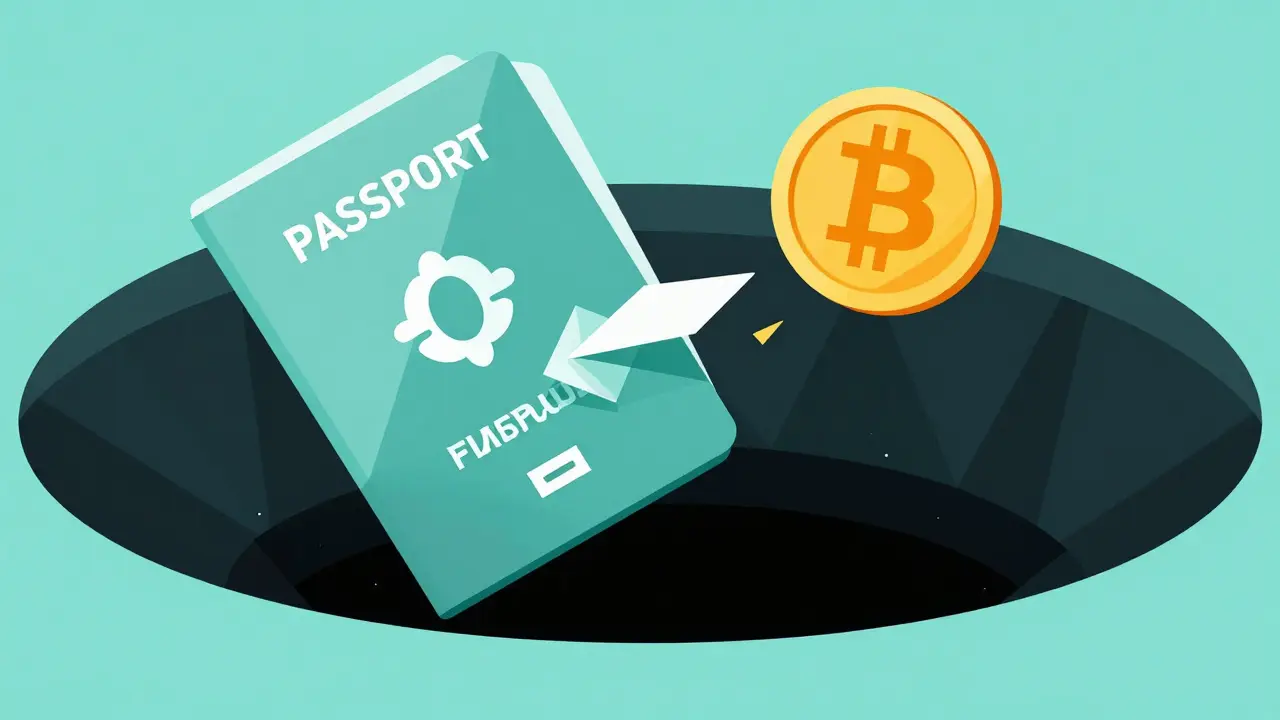 Geometric illustration of a passport and Bitcoin being pulled into a dark digital vortex