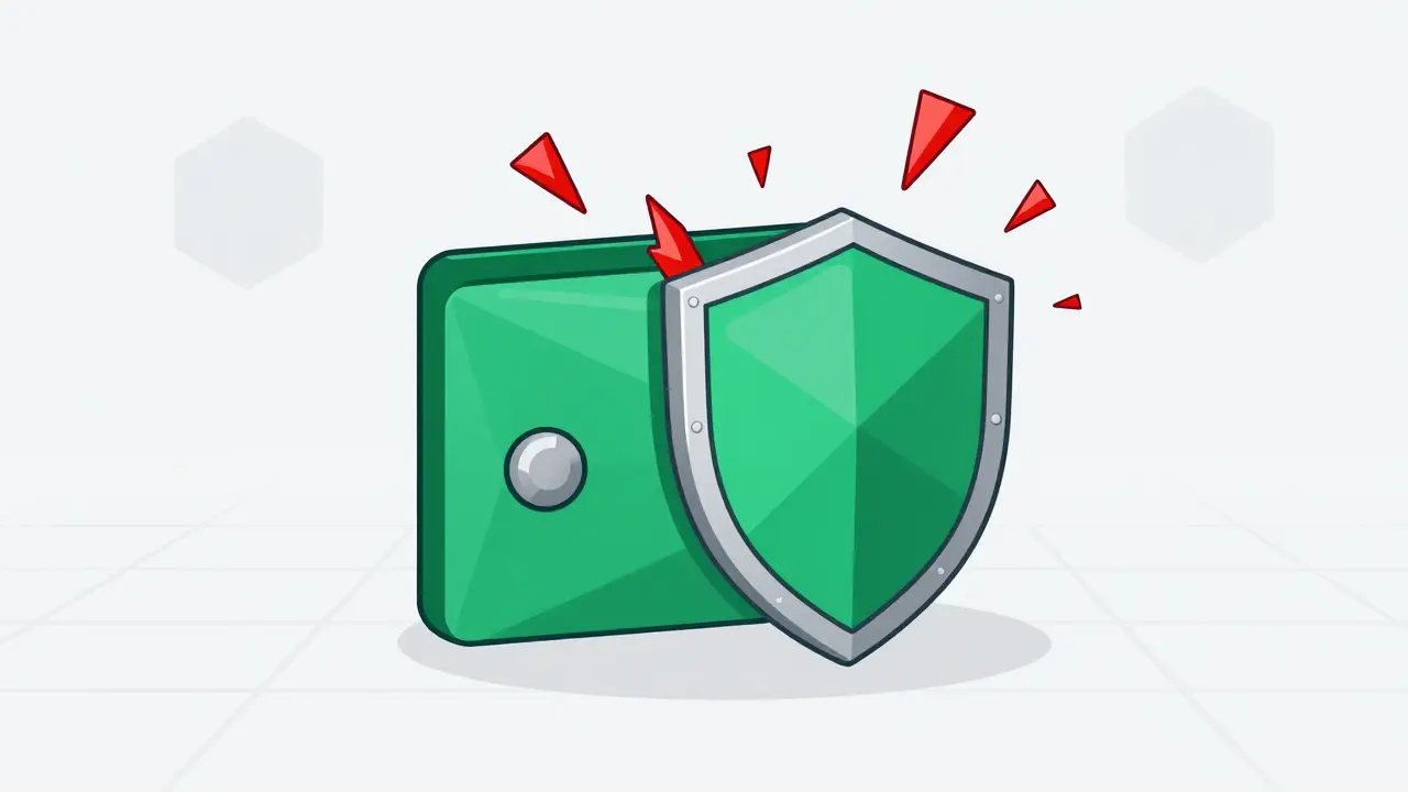 Geometric illustration of a secure digital wallet protected by a shield from red jagged risk elements.