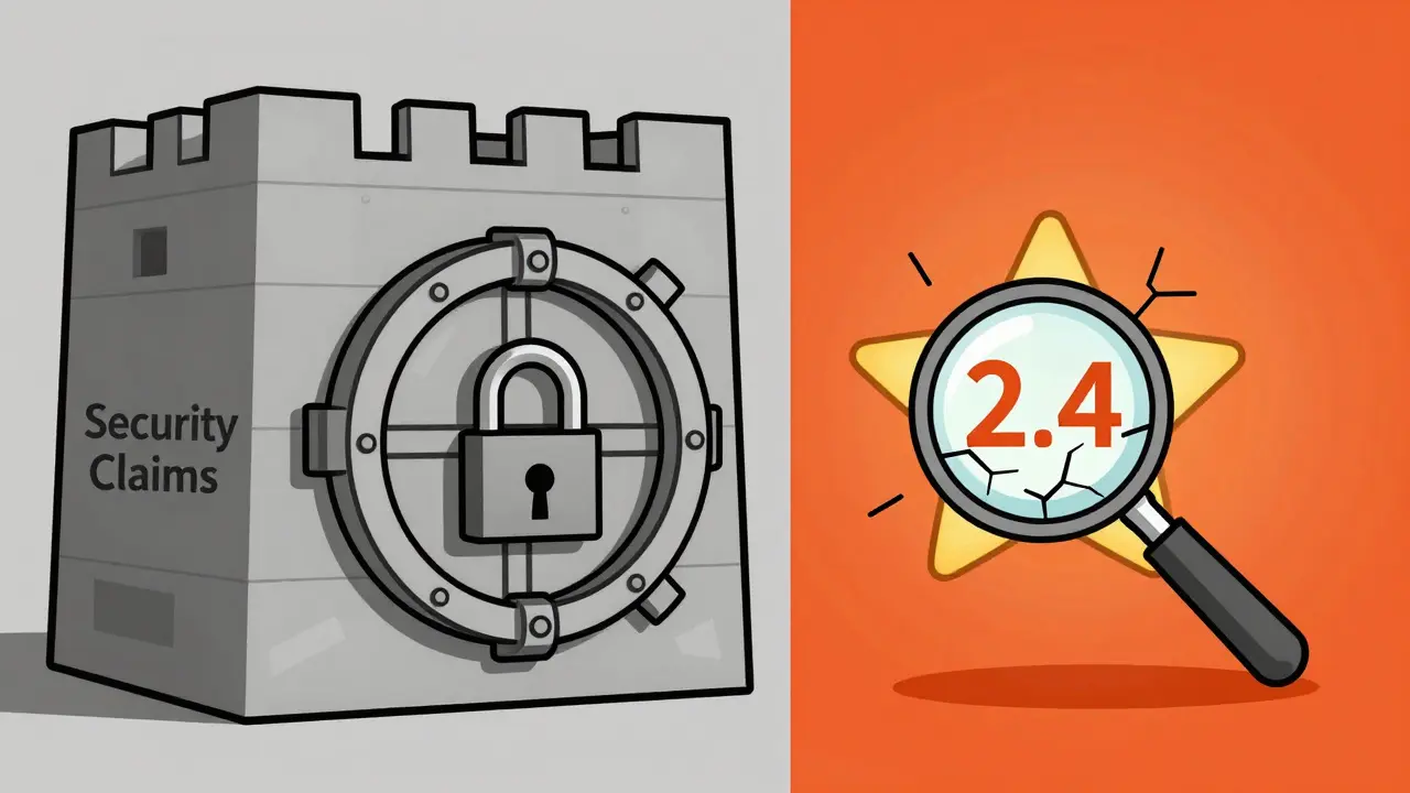 Geometric illustration of a secure vault contrasted with a low star rating under a magnifying glass.