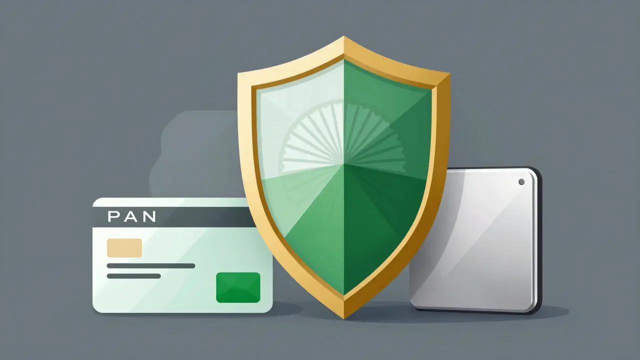 Geometric illustration of a security shield protecting a digital wallet with ID icons.