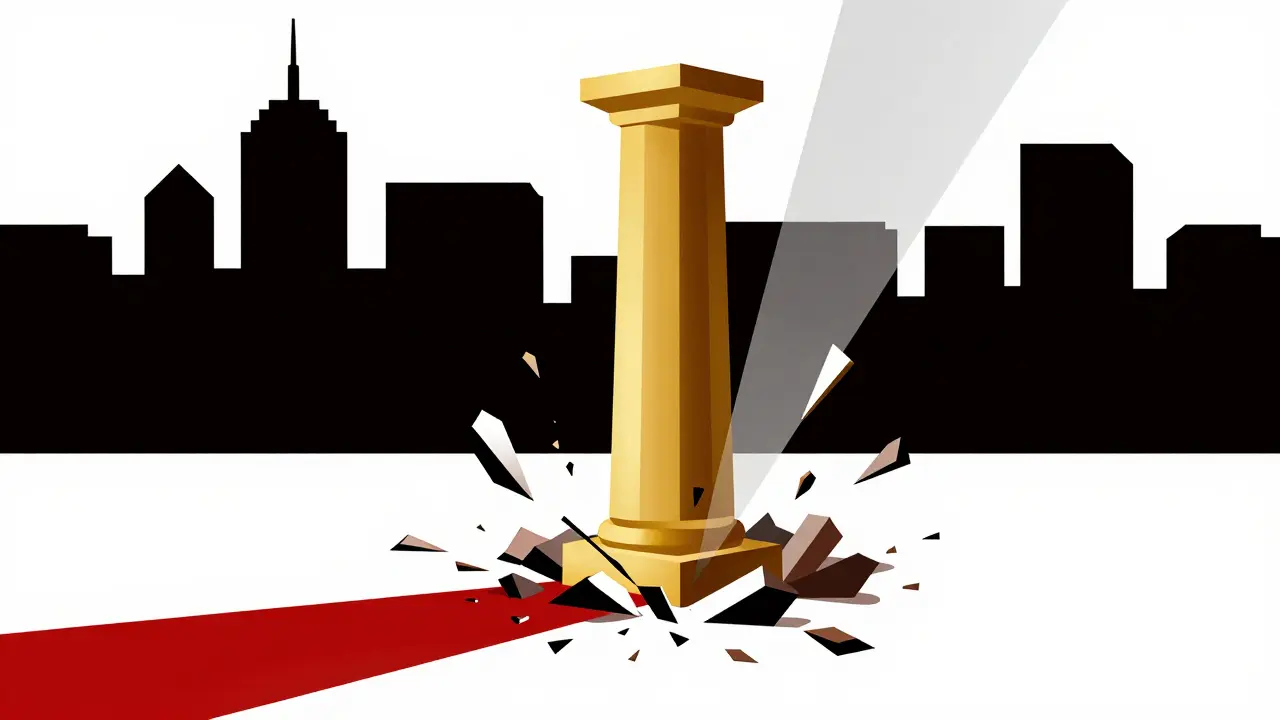 Geometric illustration of a shattering golden pillar symbolizing a centralized system collapse.