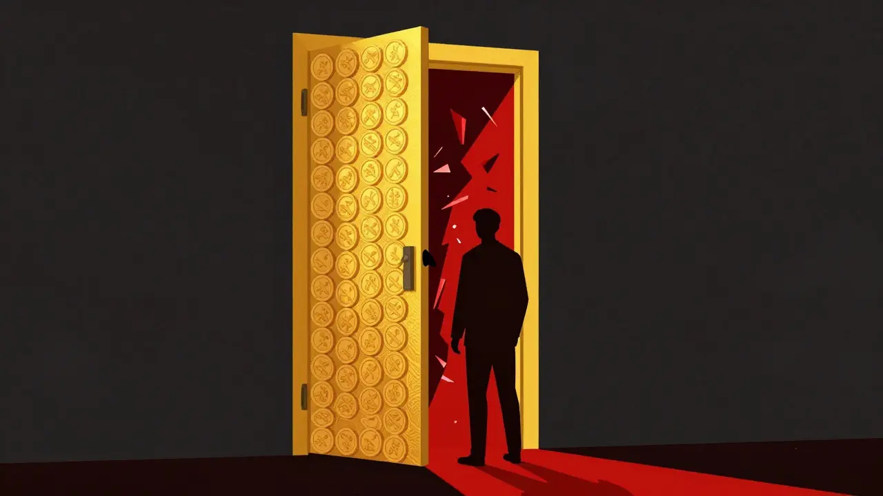 Geometric illustration of a silhouette facing a narrow, obstructed golden door with red shards