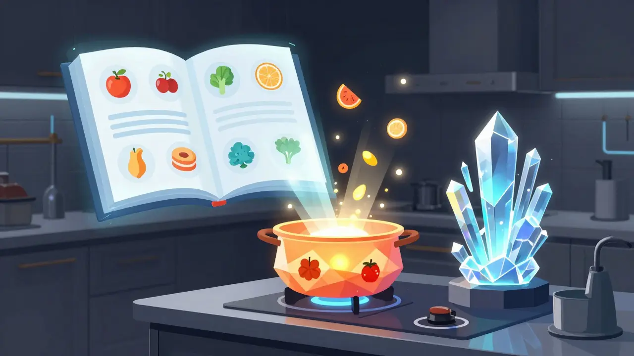 Geometric illustration of a virtual kitchen where ingredients merge into a crystalline dish NFT