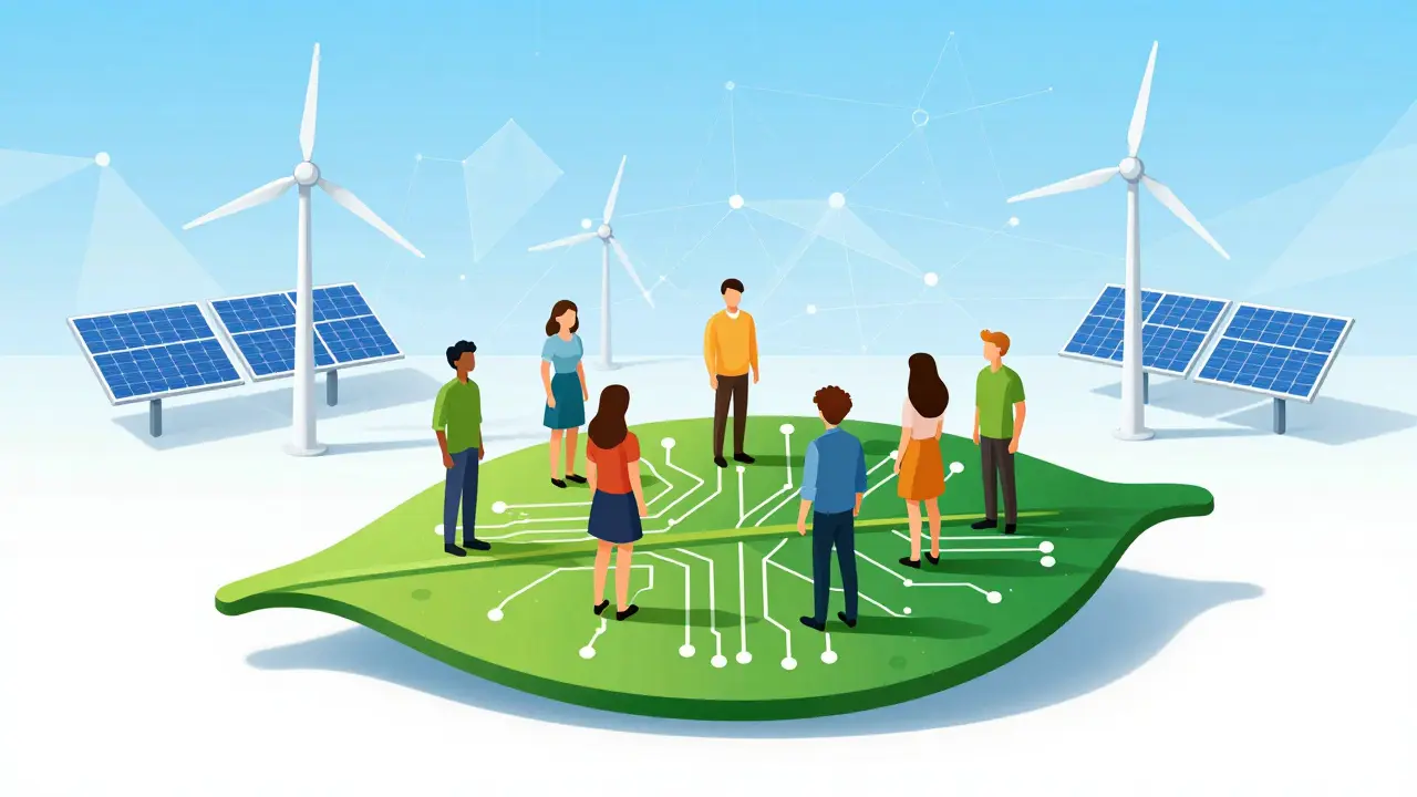Geometric illustration of people on a digital leaf circuit board with wind turbines.