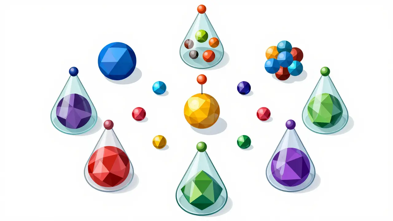 Geometric illustration showing crypto assets being distributed across multiple validator prisms.