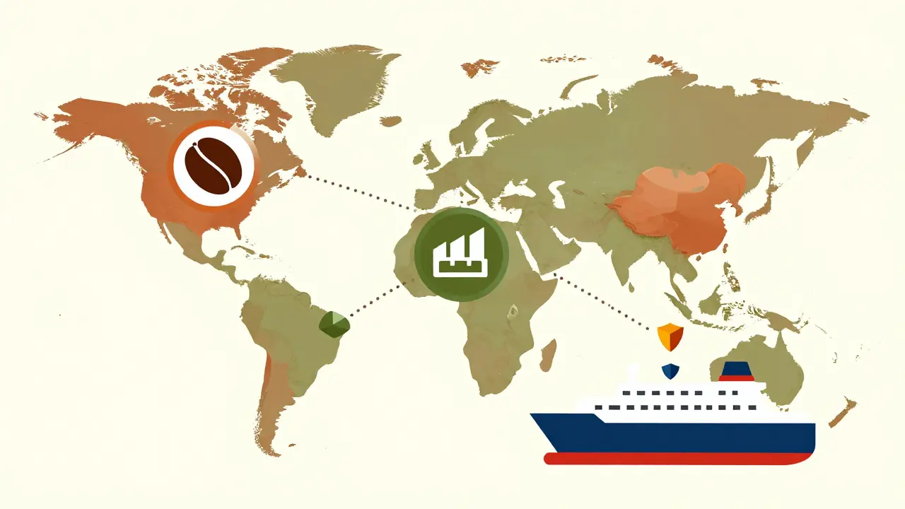 Global supply chain map with geometric icons showing verified sustainable product tracking.