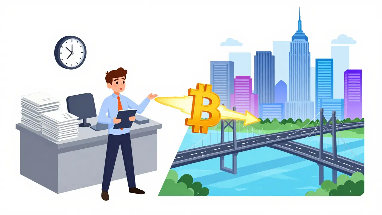 Illustration of a digital bridge connecting Kathmandu and New York via cryptocurrency.