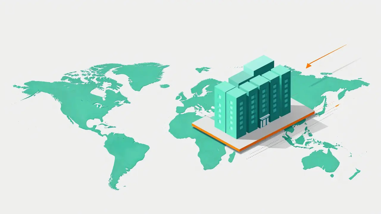 Illustration of a geometric building sliding across a map from Seychelles to the Caribbean