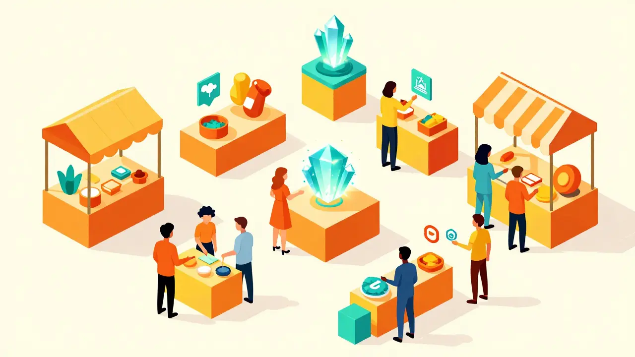 Isometric geometric illustration of a vibrant virtual farmer's market with colorful trading stalls