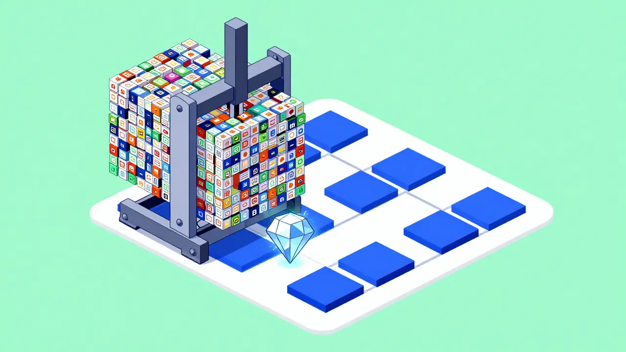 Isometric illustration of many transactions being compressed into a single small proof.