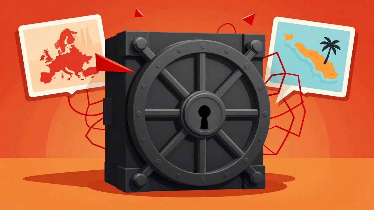 Locked vault with conflicting location markers hanging above