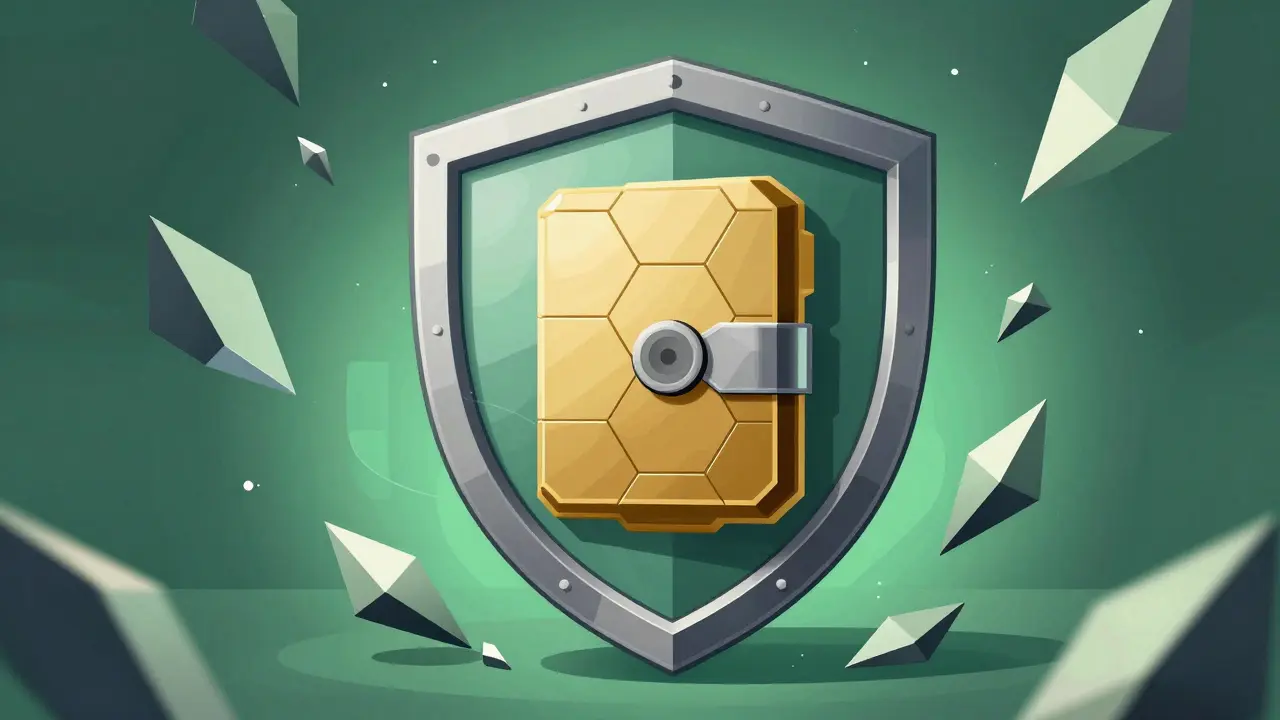 Secure hardware wallet inside protective shield against chaotic shards