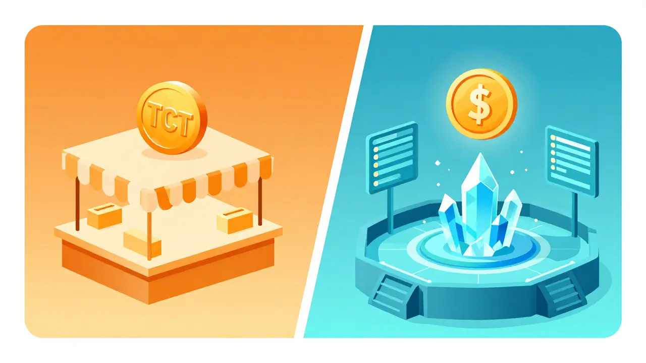 Split screen geometric illustration comparing a retail store environment and a gaming arena.