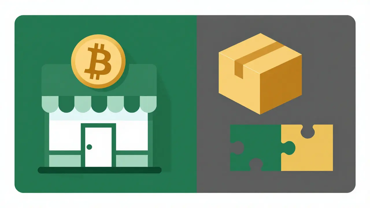 Stylized geometric illustration of a Bitcoin marketplace and escrow process.