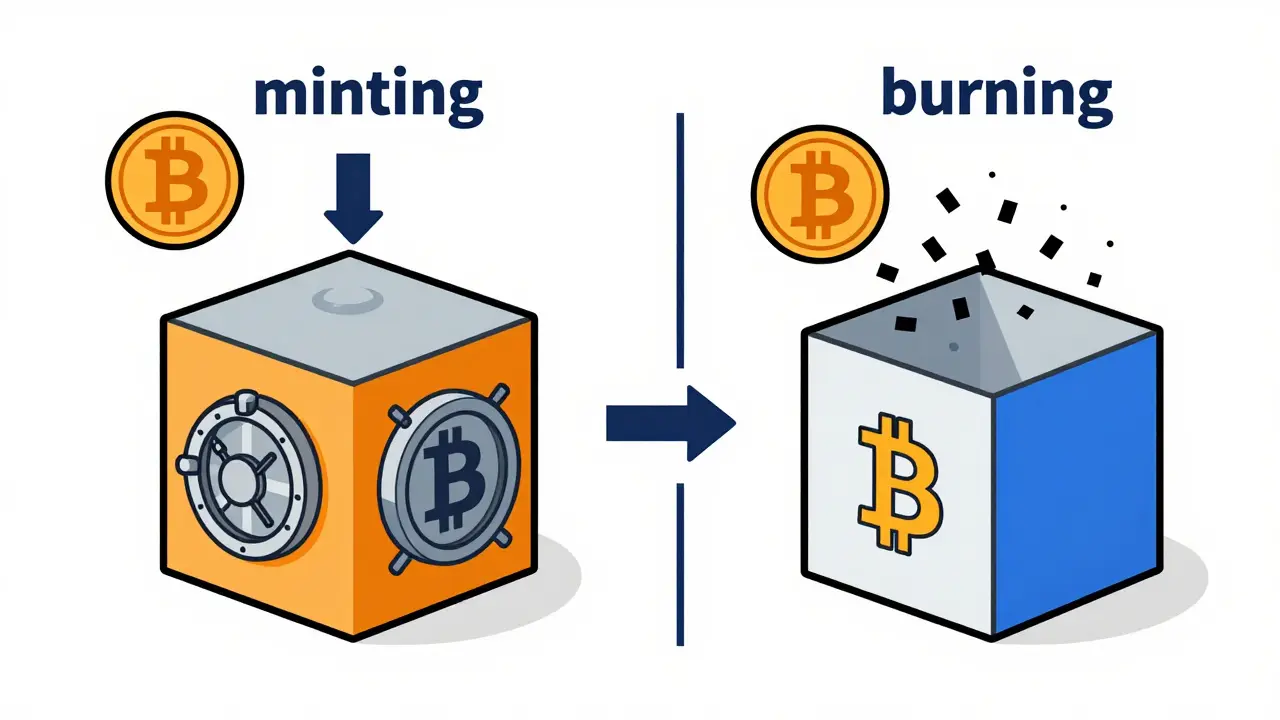 Symmetrical diagram showing the minting and burning process of Bitcoin into cbBTC tokens.