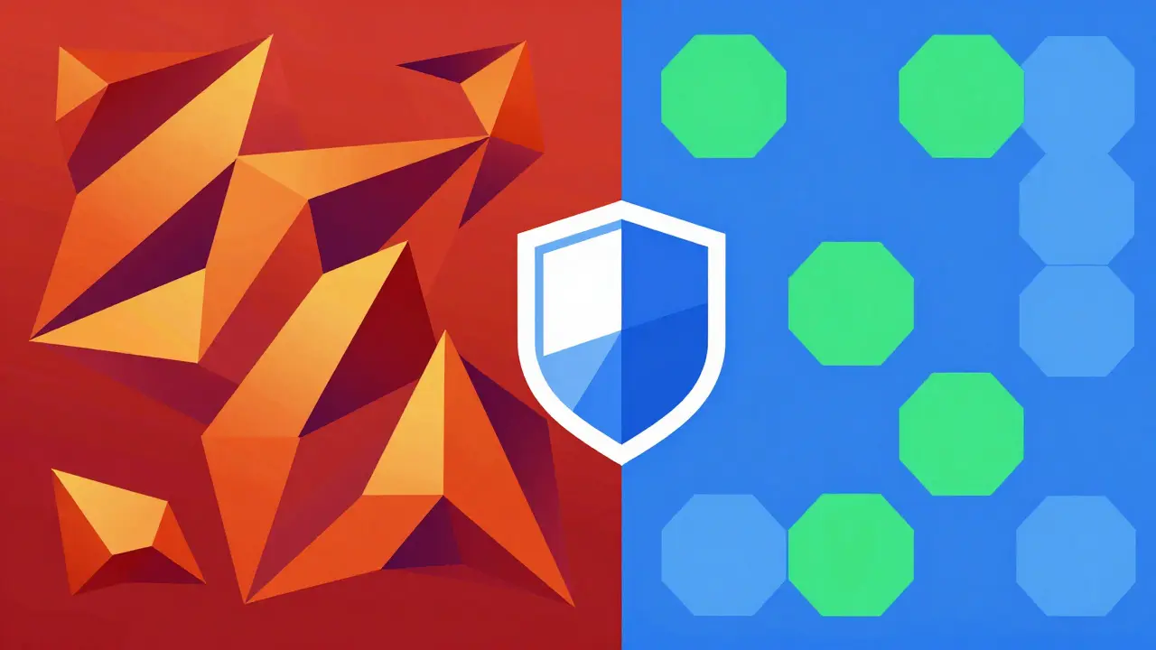 Abstract art contrasting red scam shapes with blue safe structures.