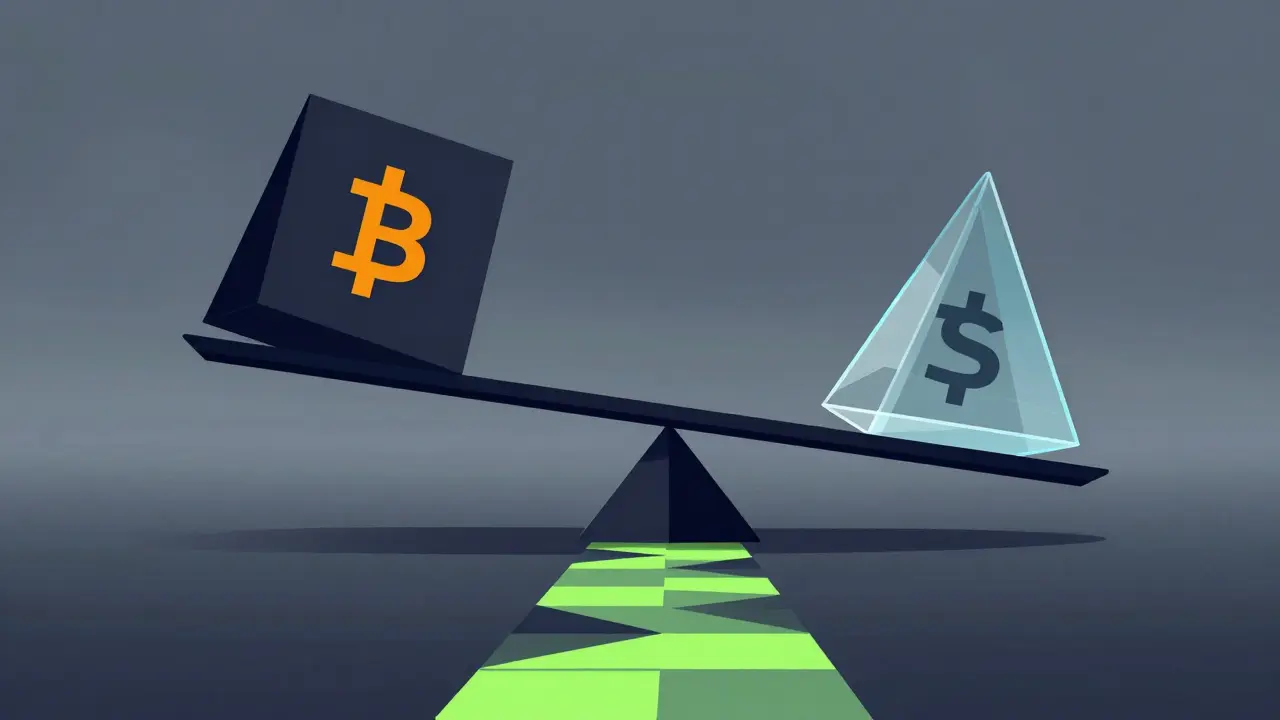 Abstract geometric art depicting a precarious scale and risky crypto trading path.