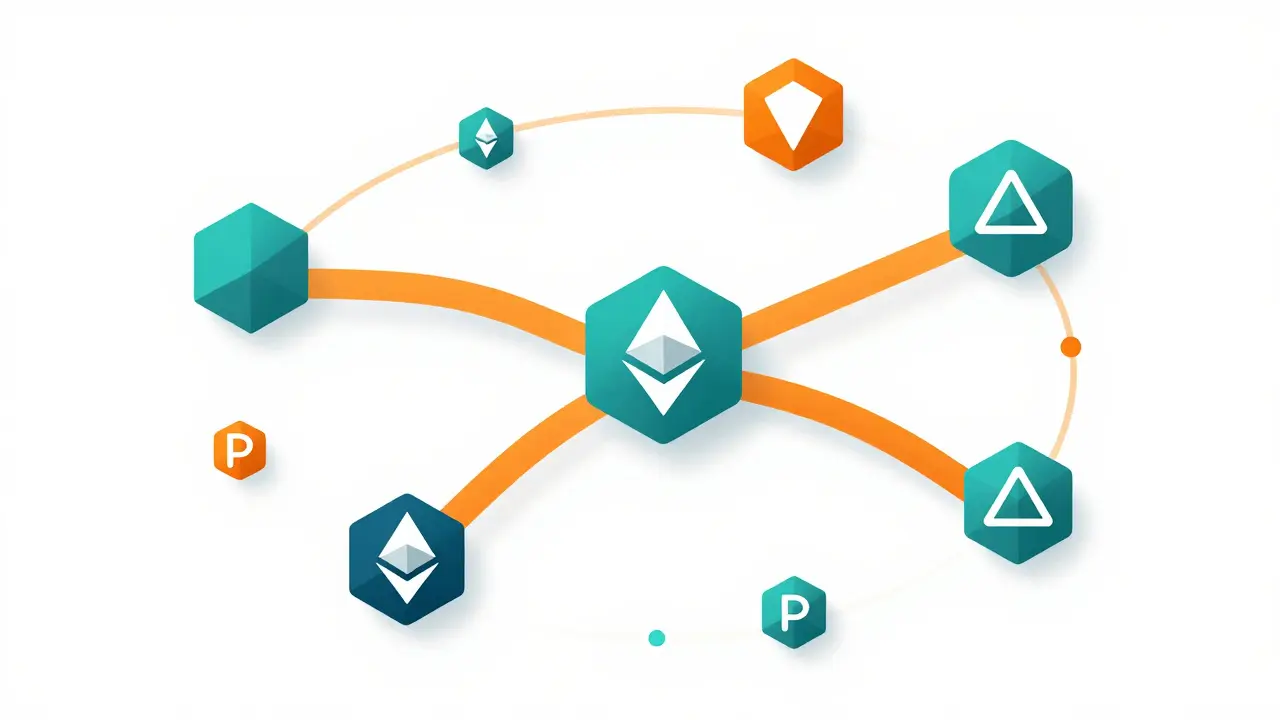 Abstract geometric art depicting interconnected blockchain networks linked by a central token hub.