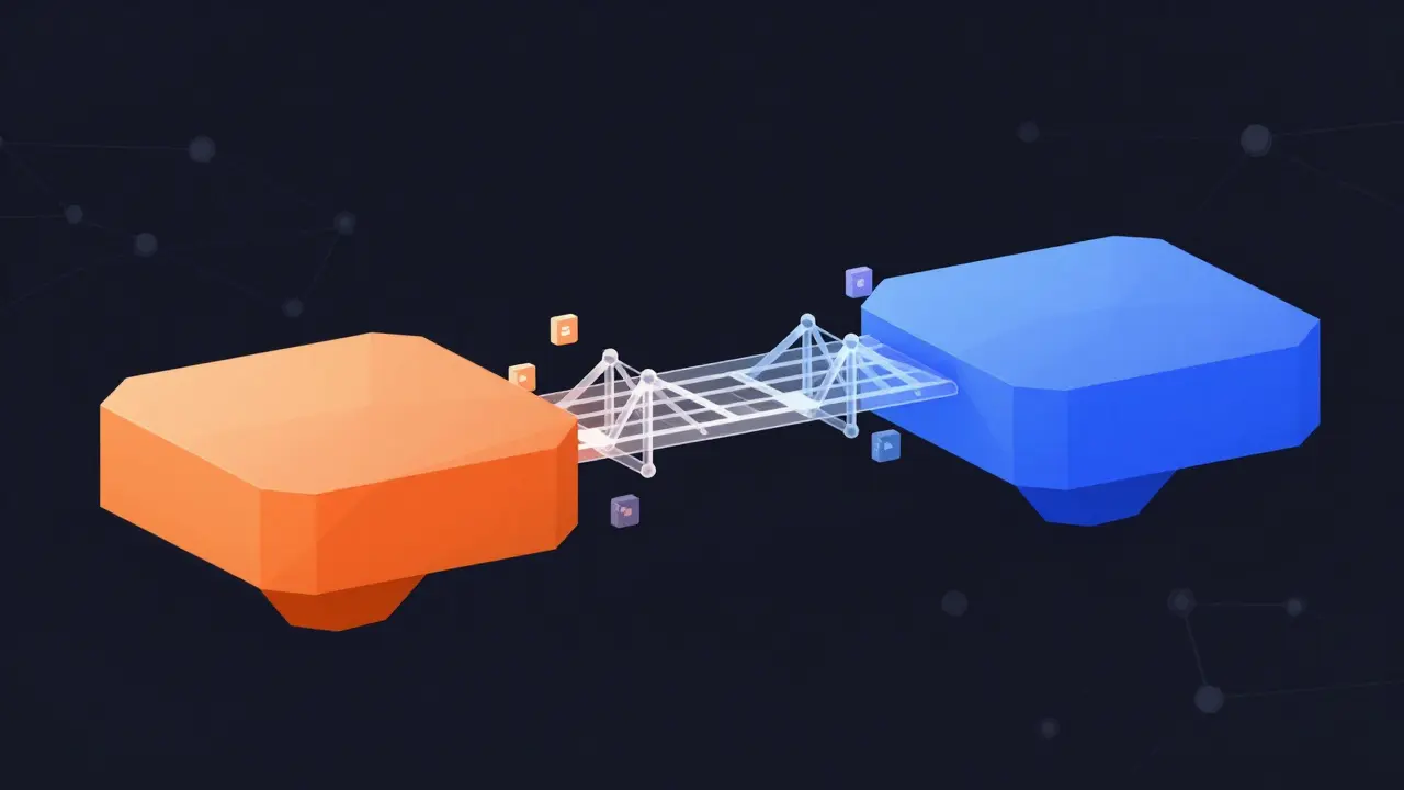 Abstract geometric bridge connecting two blockchain platforms with data flowing across.