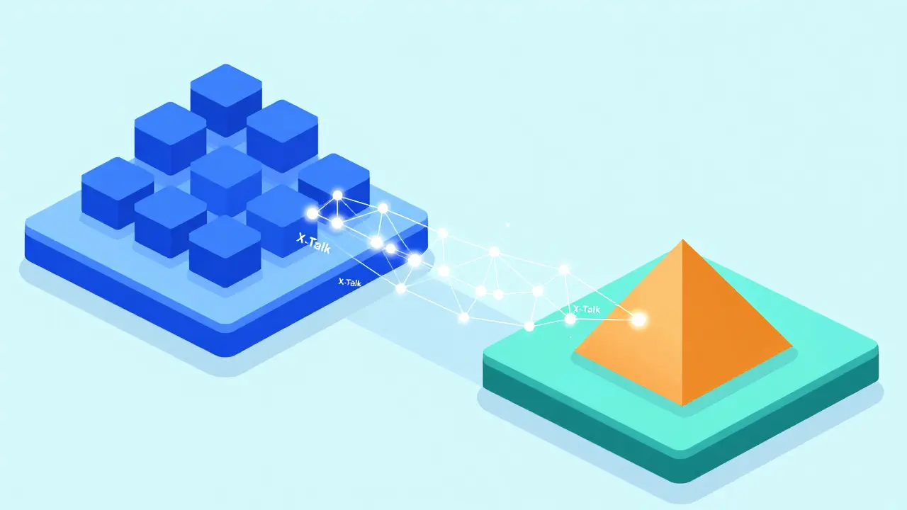 Abstract geometric nodes connecting two blockchain platforms seamlessly