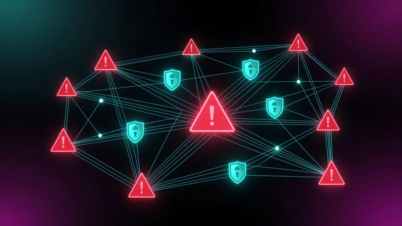 Abstract network diagram highlighting sanctioned blockchain nodes in red