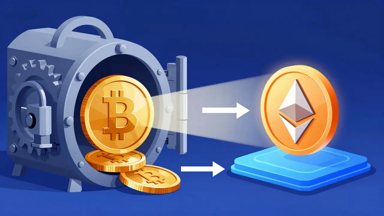 Diagram showing BTC locked in a vault while WBTC is minted on Ethereum in geometric style.