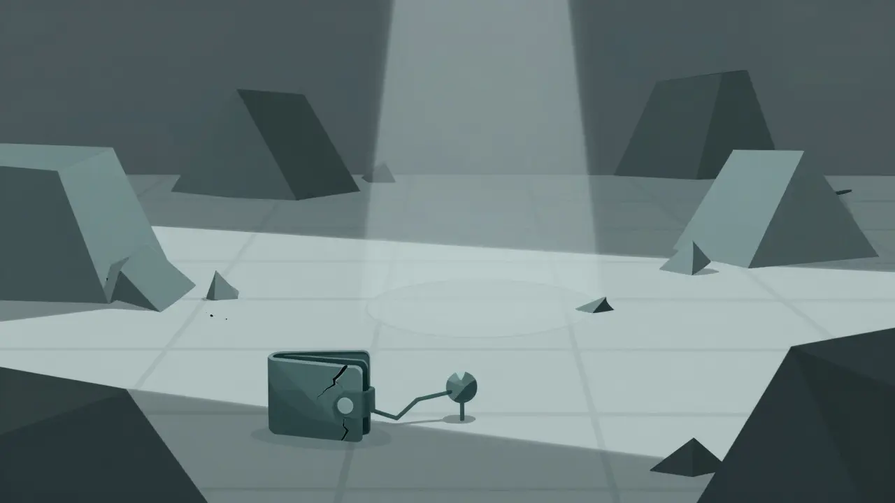 Dormant geometric landscape symbolizing the abandoned state of Bgogo in 2026.