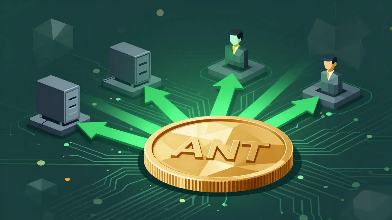Faceted ANT coin with arrows flowing to node operators and users