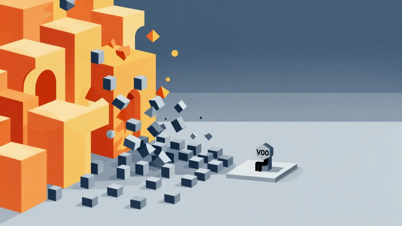 Geometric art showing a dissolving marketplace hub and an isolated VOO icon, representing AVINOC's stalled progress and low adoption.