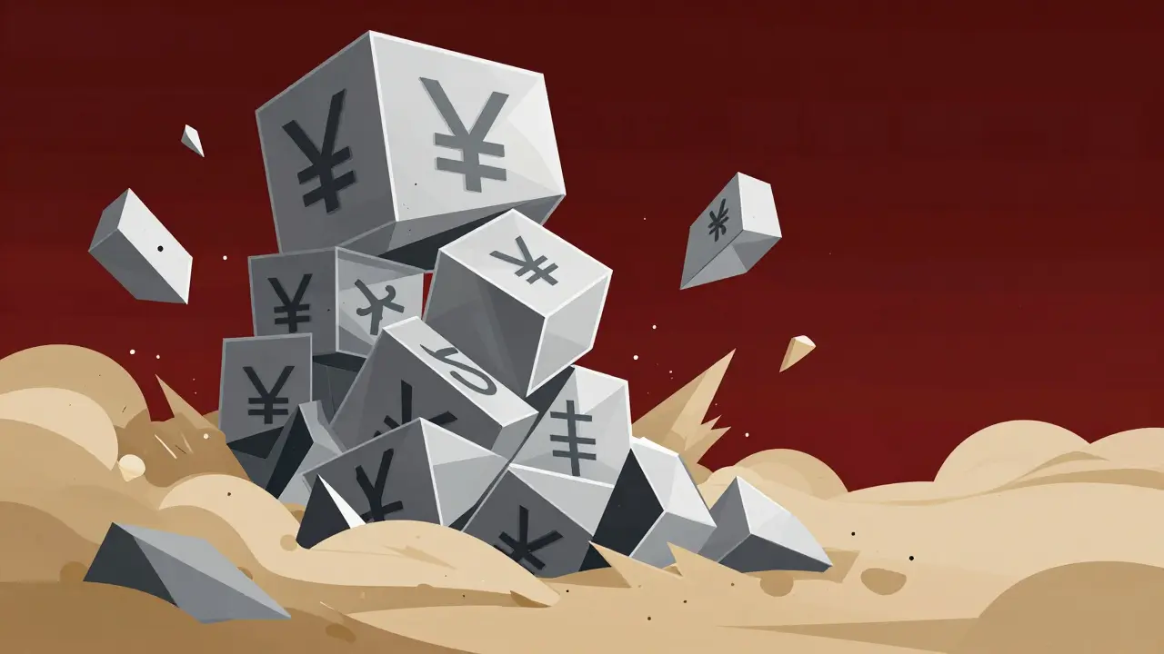 Geometric art showing collapsing crypto structure and systemic risk