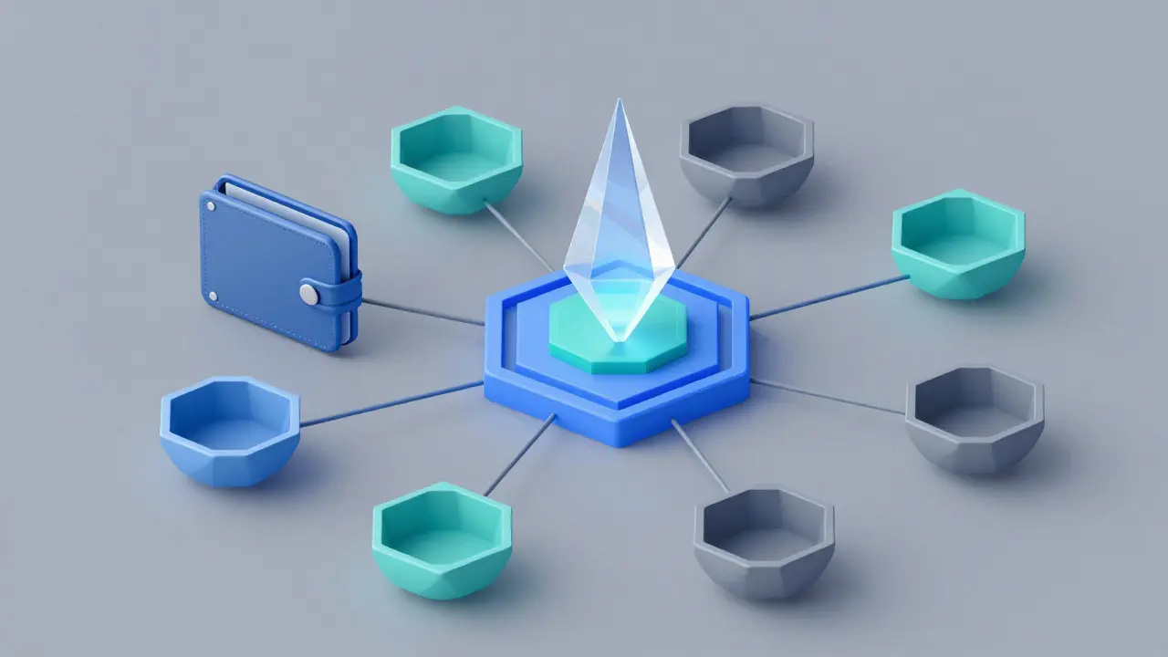 Geometric diagram showing an aggregator scanning sparse liquidity pools in a decentralized finance system.