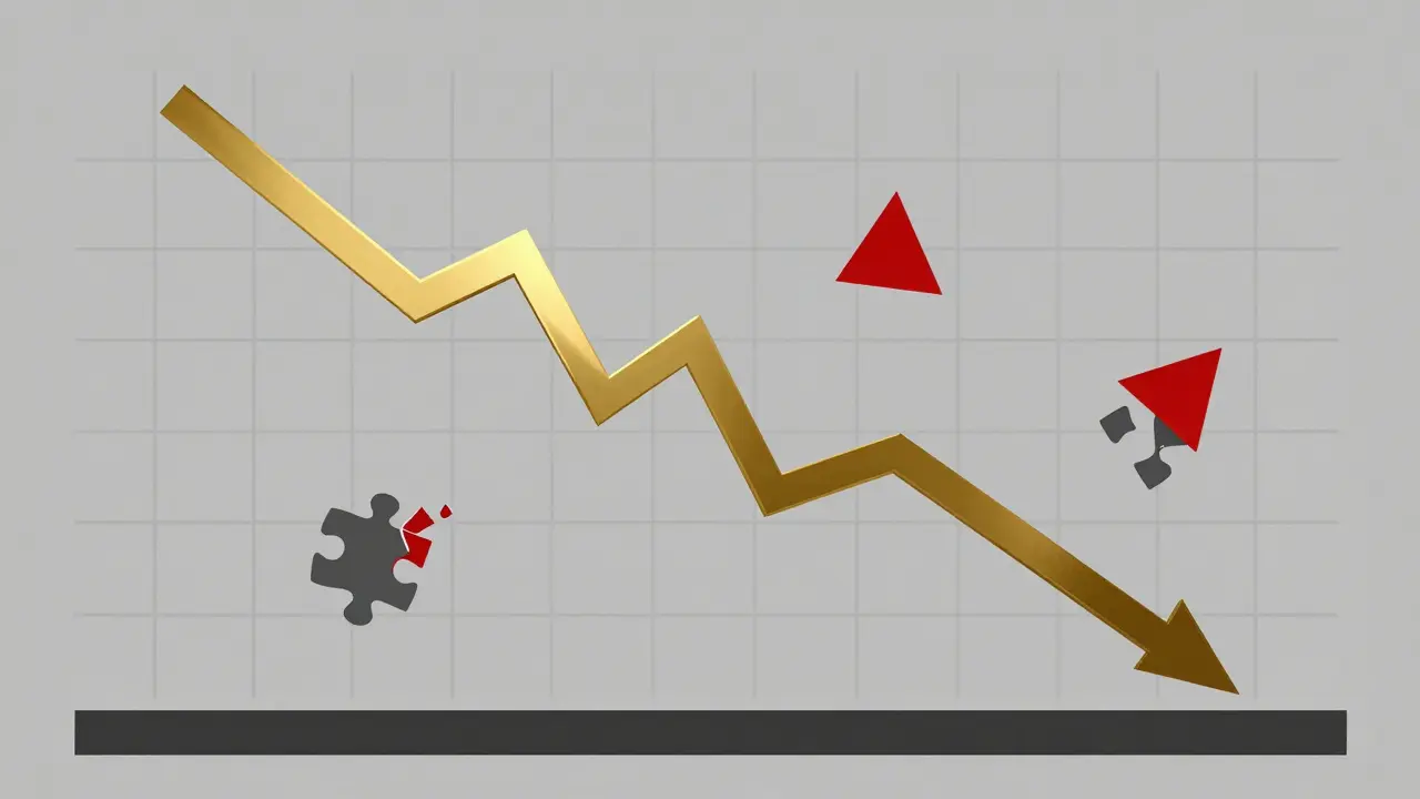 Geometric illustration of a steeply declining price chart with warning symbols, depicting AVINOC's market crash and investment risks.