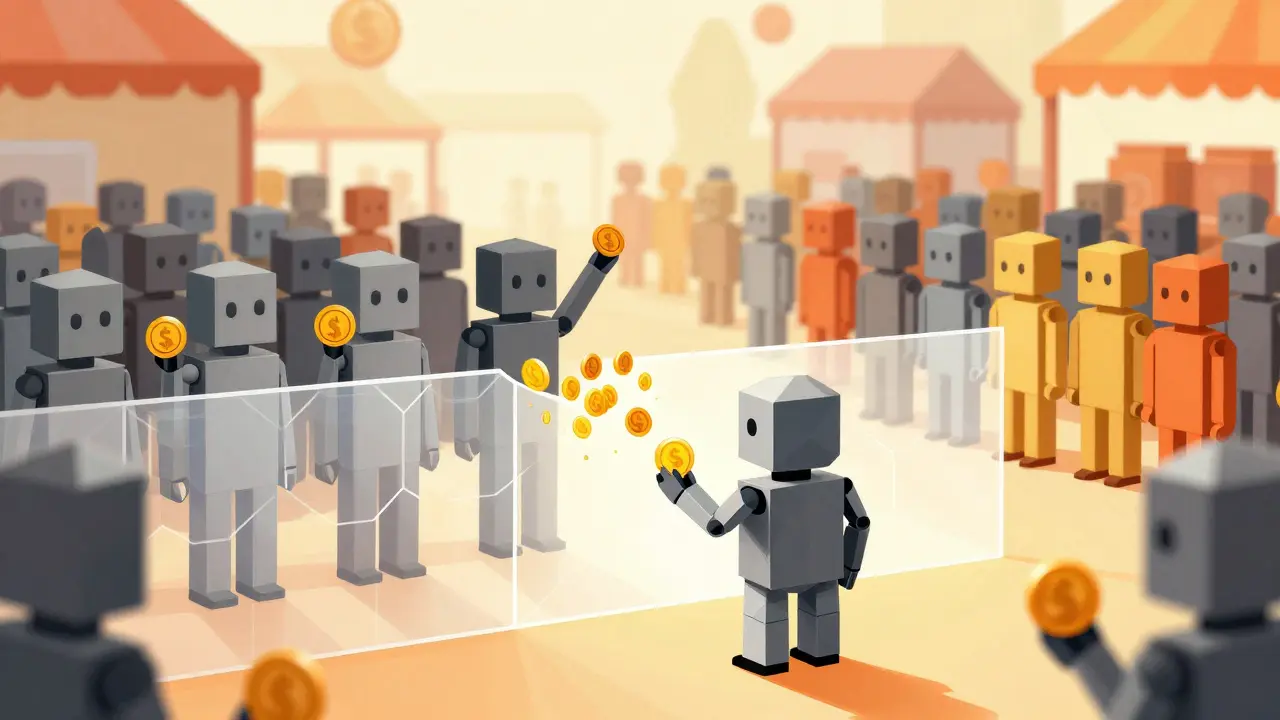 Geometric illustration of an AI agent graduating through community support