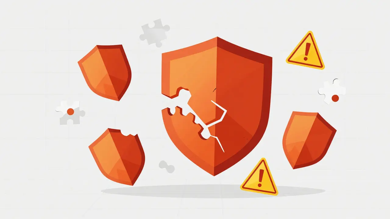 Geometric illustration of broken shields and warning signs representing financial fraud.