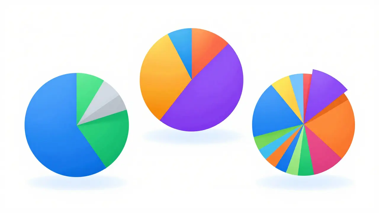 Geometric pie charts showing different crypto allocation strategies