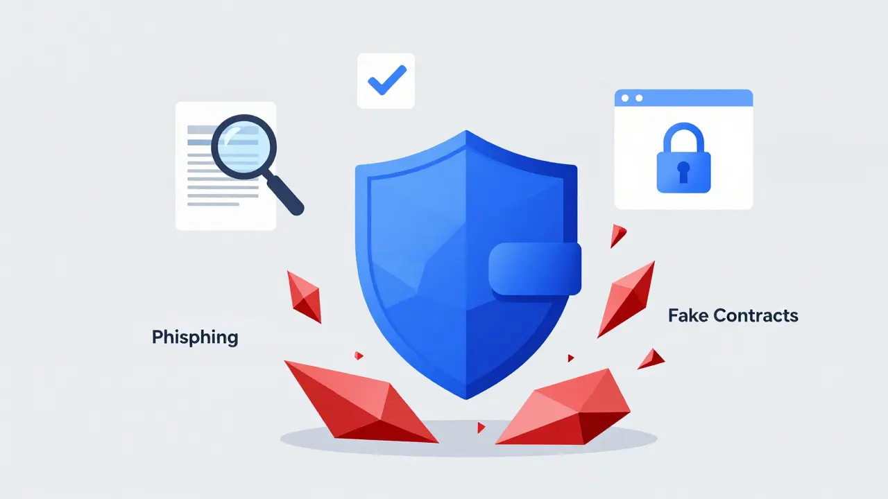 Geometric shield protecting a crypto wallet from phishing attacks